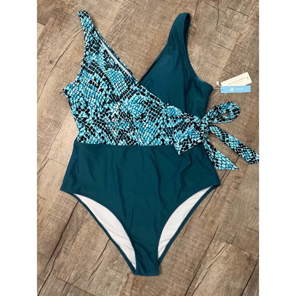 Cupshe Womens‎ XXL Teal Blue Snakeskin Print Wrap One Piece Swimsuit NWT